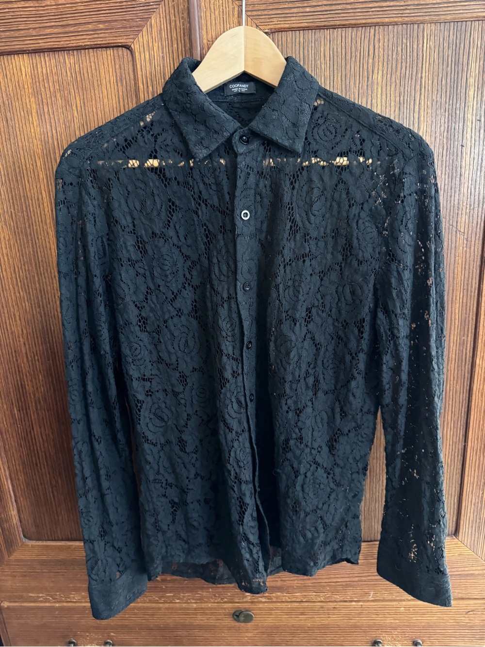 Coofandy Mens Lace Button-Down Shirt in Black size L